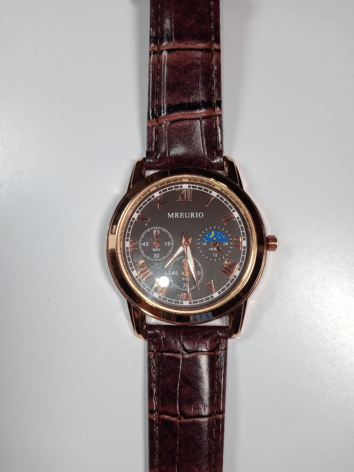 Mreurio Mens Watch Quartz Movement Analog Display Rose Gold with Brown Strap