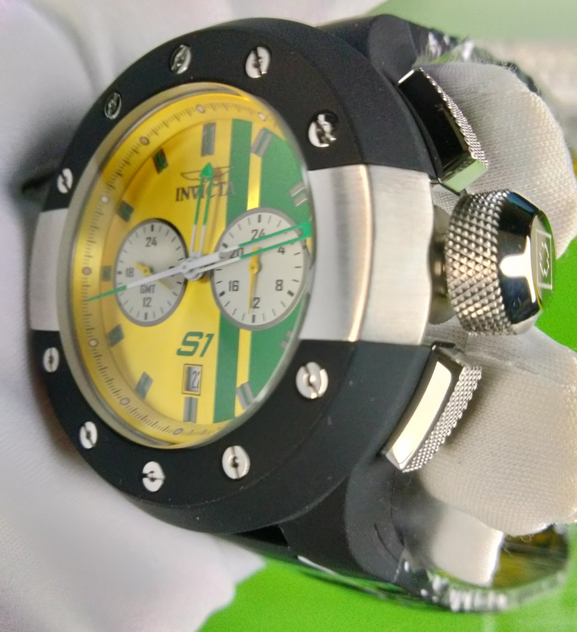 Invicta S1 Rally 44359 52mm Green Dial Black White Strap Watch