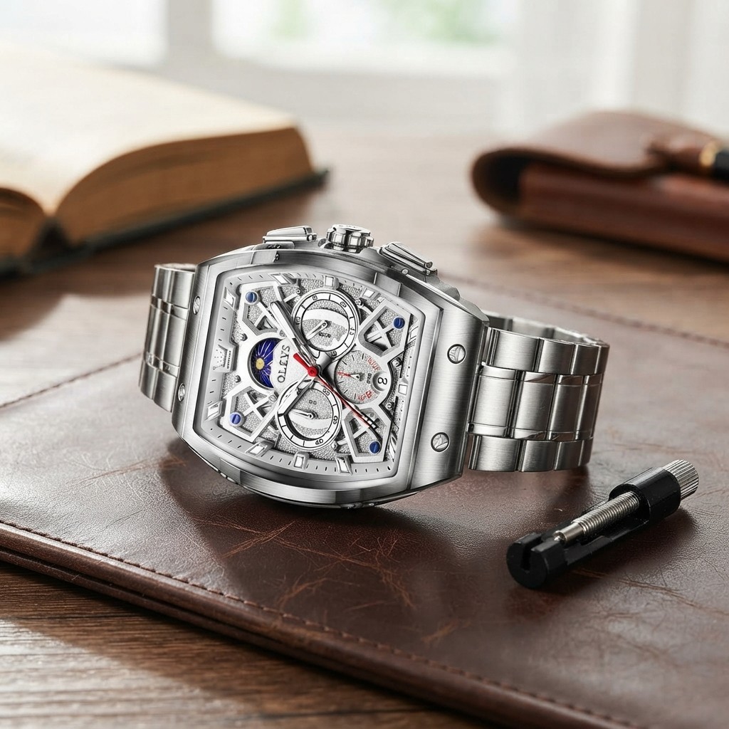 Elegant Men’s Square Luxury Watch – 50mm Analog, Diamond Accents & Waterproof