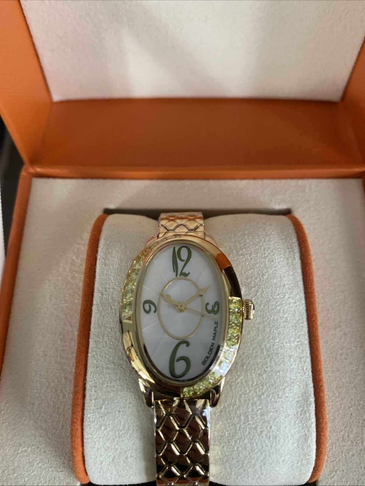 GOLDEN MAPLE Oval Gold Tone Watch Mother of Pearl Dial Crystal Bracelet 28mm