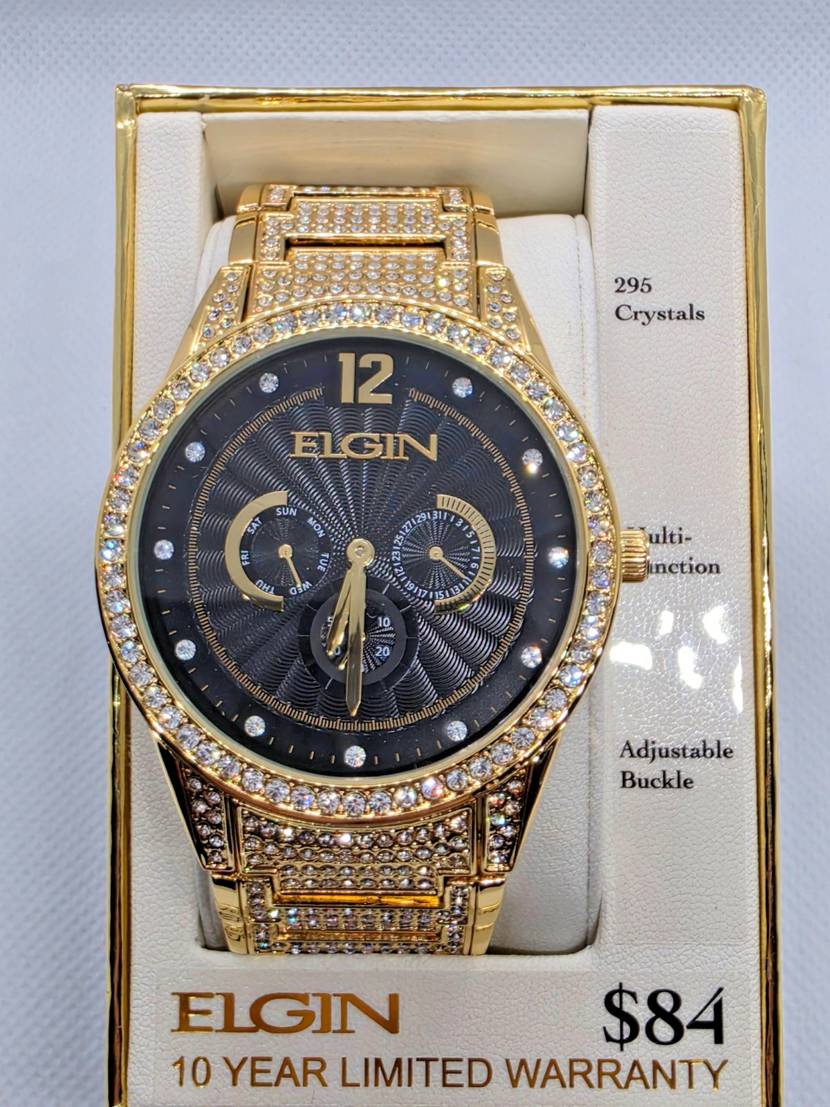 Elgin Men’s Gold Gem Paved Black Dial Watch VD75 NEW in Box