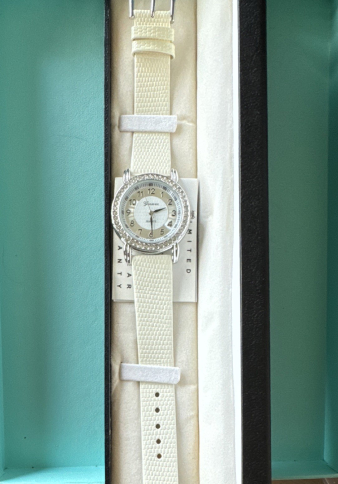 Genevex Quartz Gem-Set Silver Bezel White Dial Leather Strap Watch