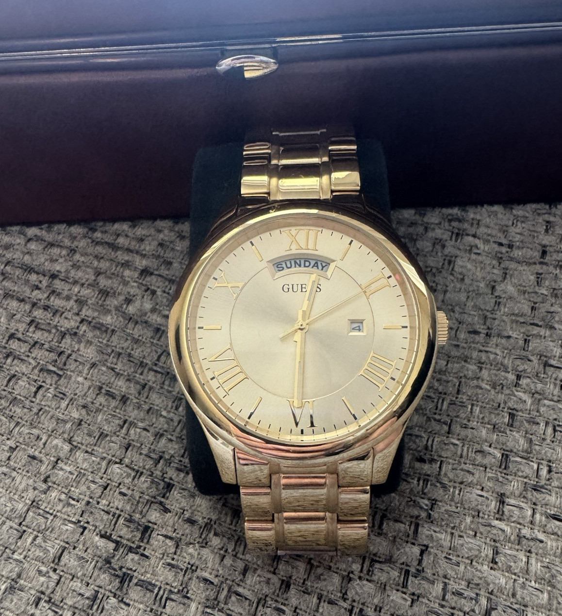 GUESS Men’s Gold Tone Quartz Dress Watch Day-Date Champagne Roman Dial