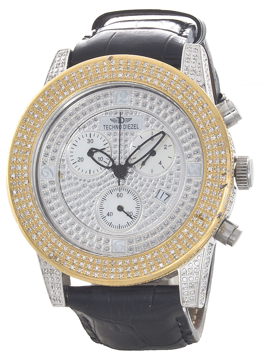 Techno Diezel Two-Tone 3ct Diamond Gold Bezel Black Leather Band Watch