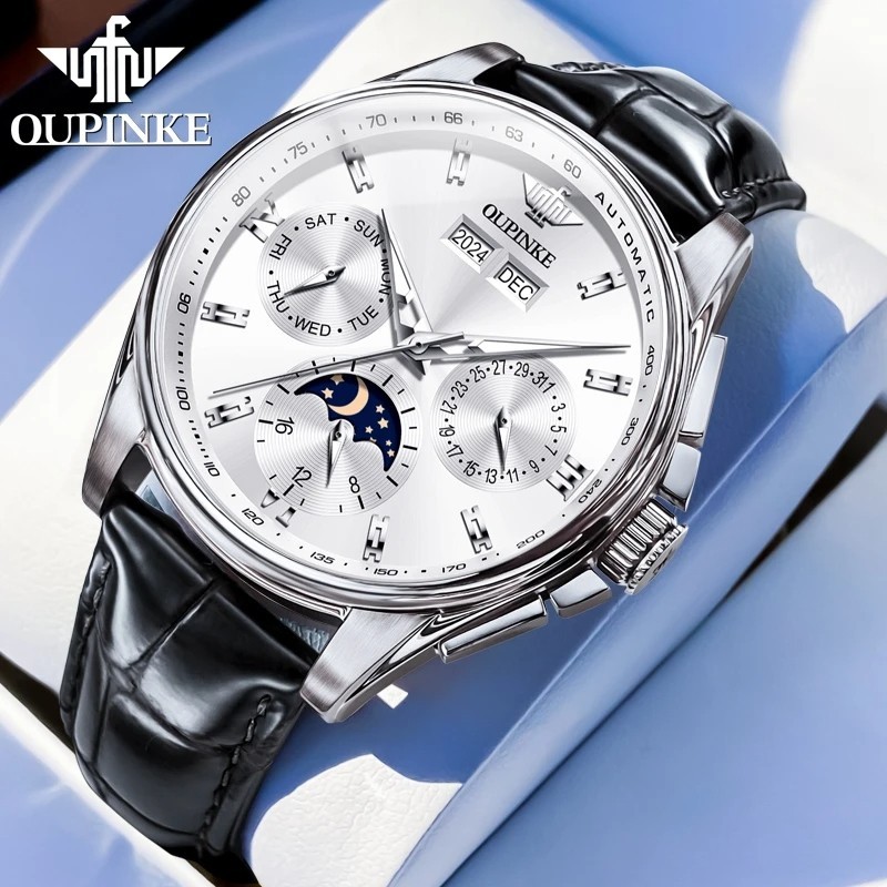 Automatic Mechanical Watch Waterproof Moon Phase Luxury Dial Men Men’s Strap
