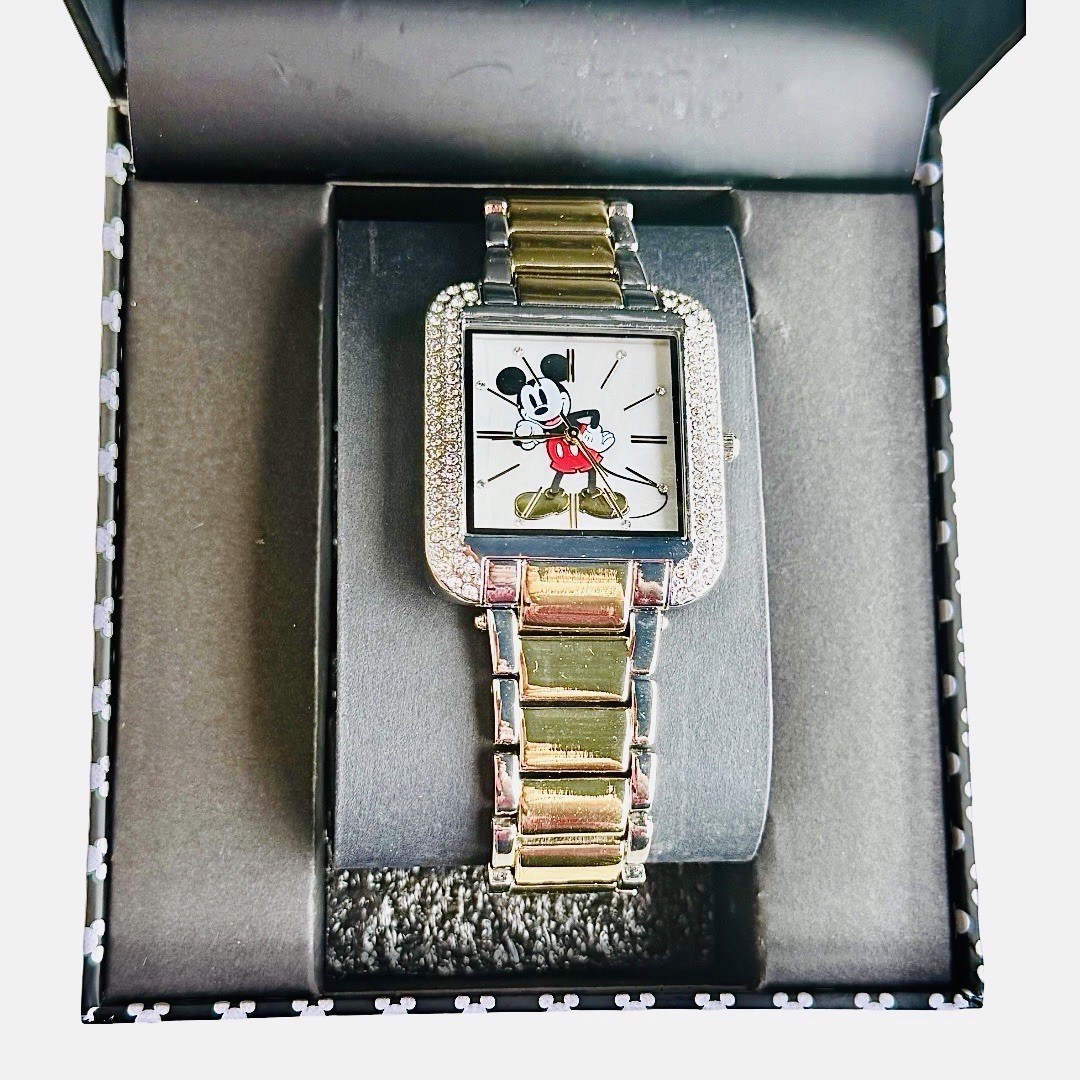 Disney Accutime Mickey Mouse Watch Two Tone Silver Gold Rhinestone Bezel Boxed