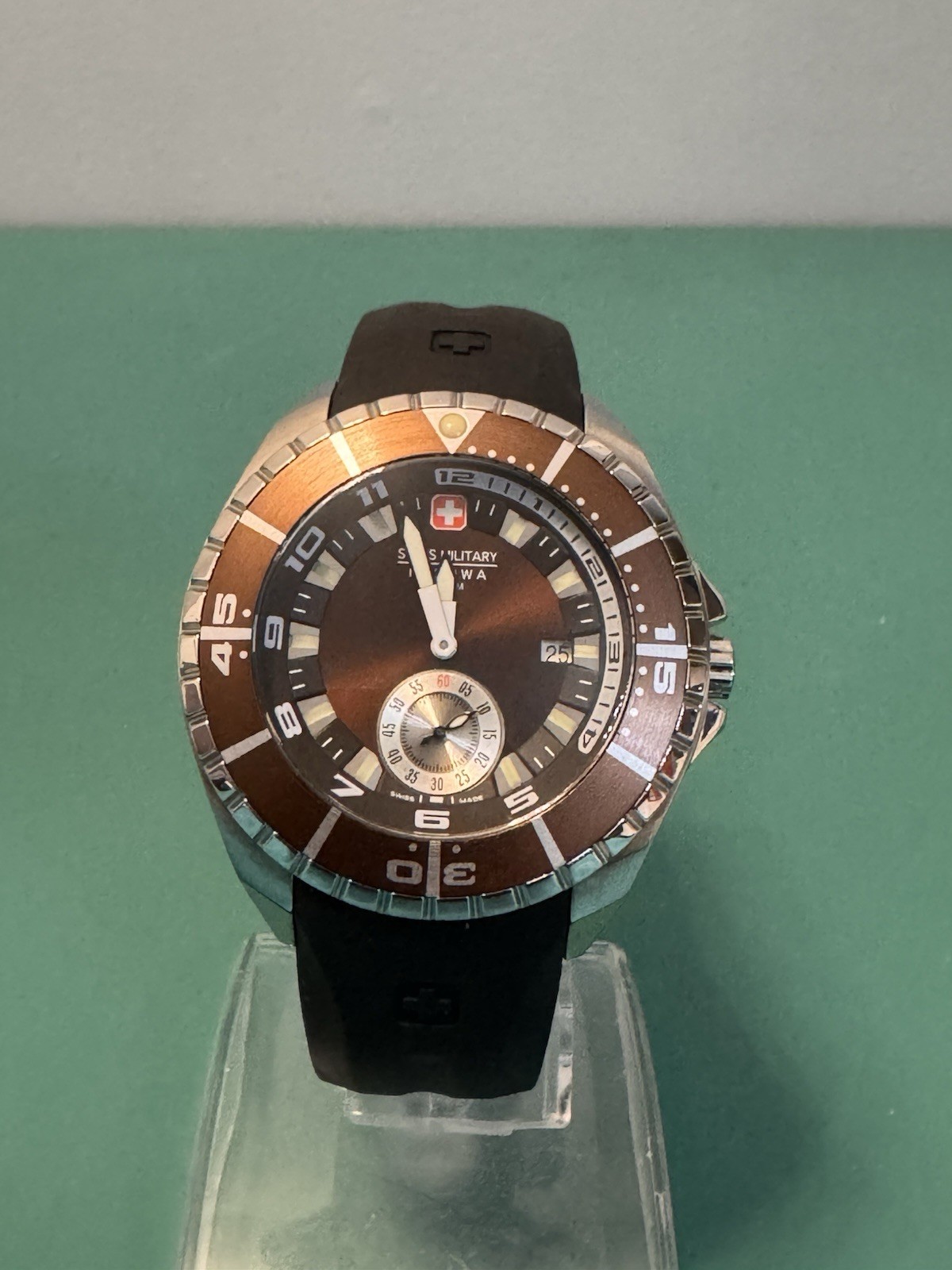 Swiss Military Hanowa Men’s Quartz 200m Date Brown Dial Black Rubber Strap 44mm
