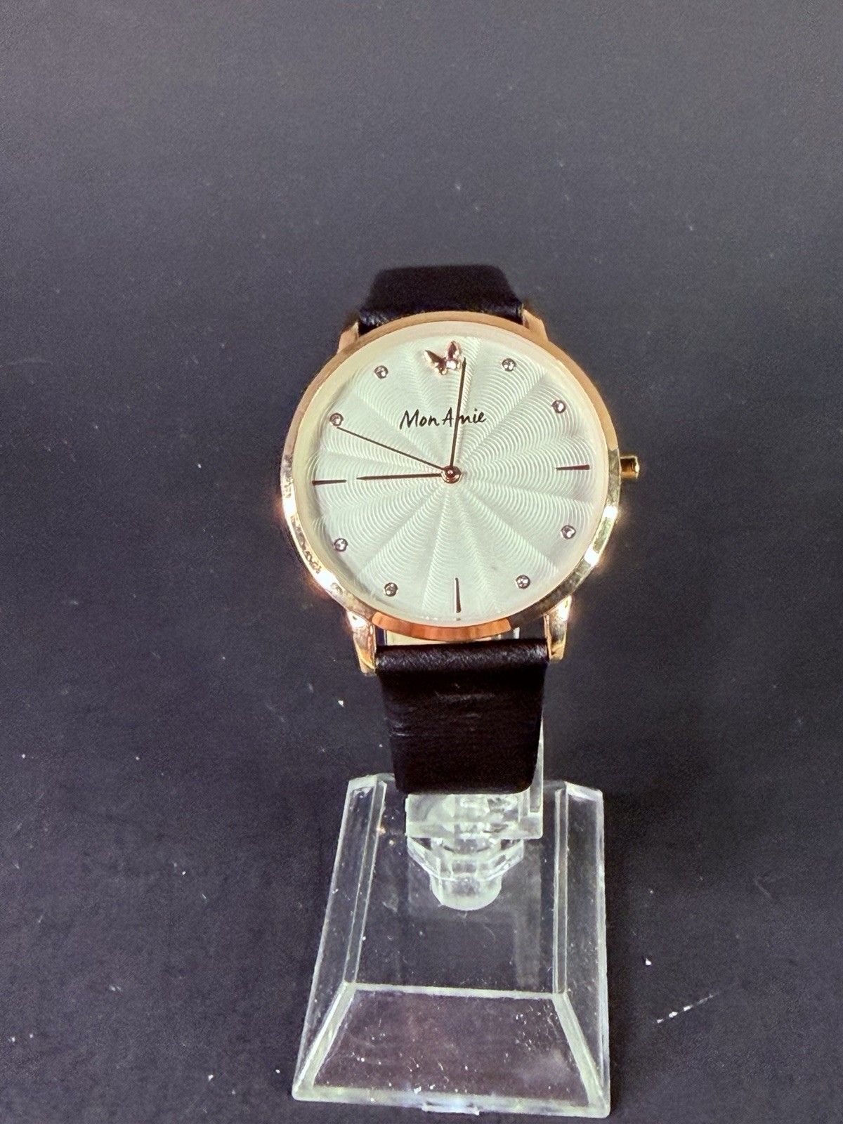 Mon Amie Womens 36mm Rose Gold Case NEW BATTERY White Dial Brown Lthr Strap 851