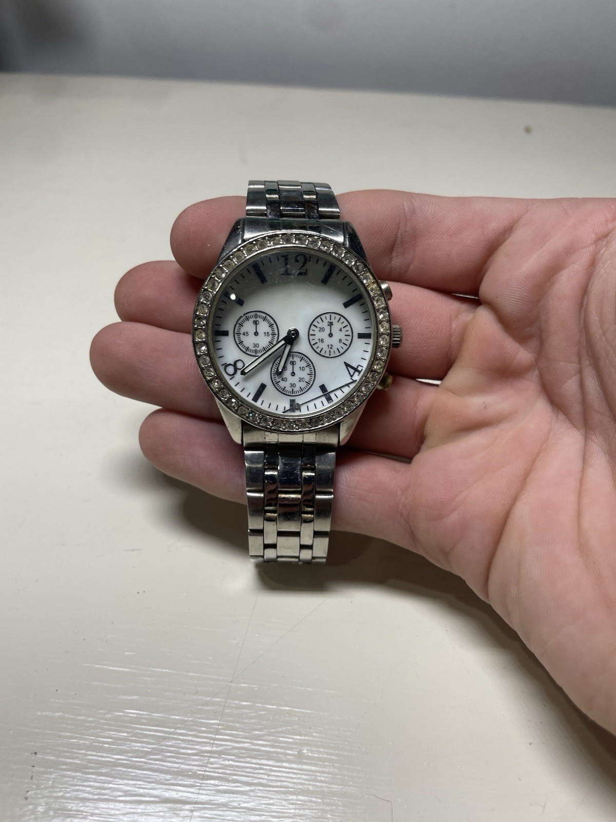 Silver Gem-Set Bezel Chronograph Analog Wristwatch, White Dial, Steel Bracelet