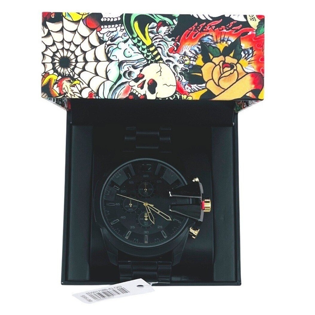 Ed Hardy Chronograph Watch Mens OS Black Gold Skull Tattoo Box Y2K NWT