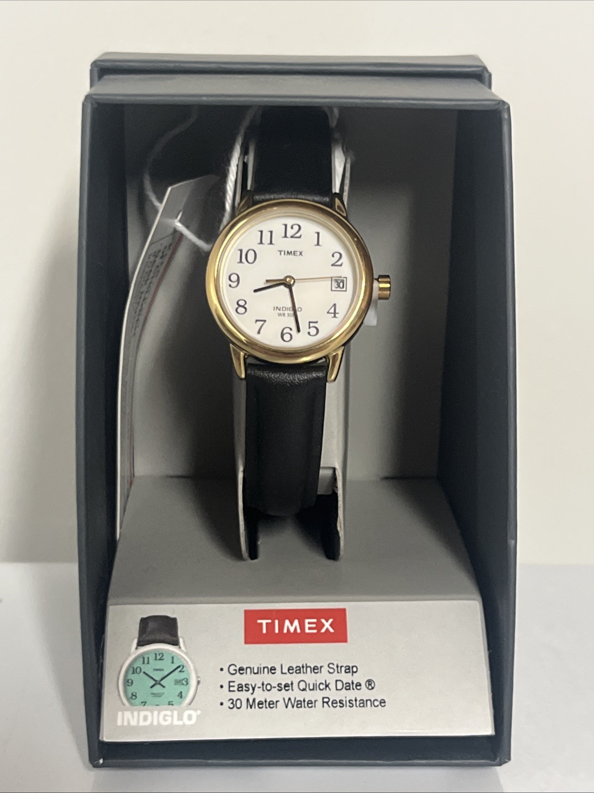Timex Indiglo Woman’s Watch Easy Reader Gold Tone Black Leather T 2H341 WX