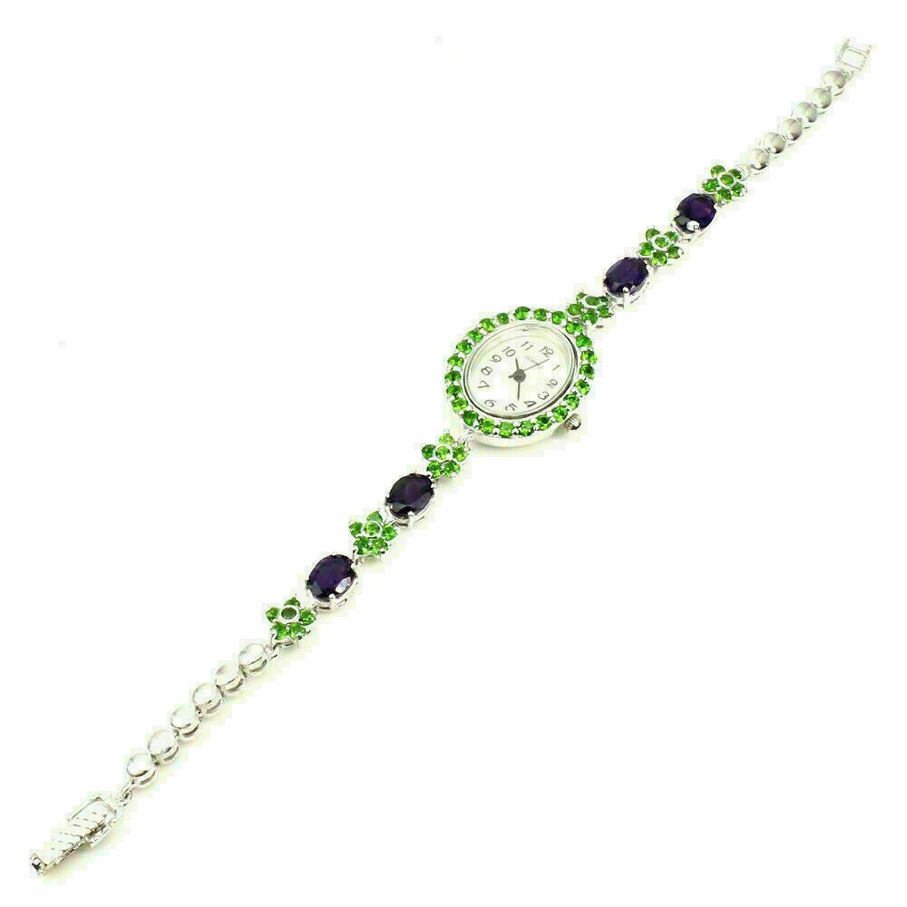 Silver Watch Chrome Diopside Amethyst Natural Gem Solid Sterling 7 3/4 Inch