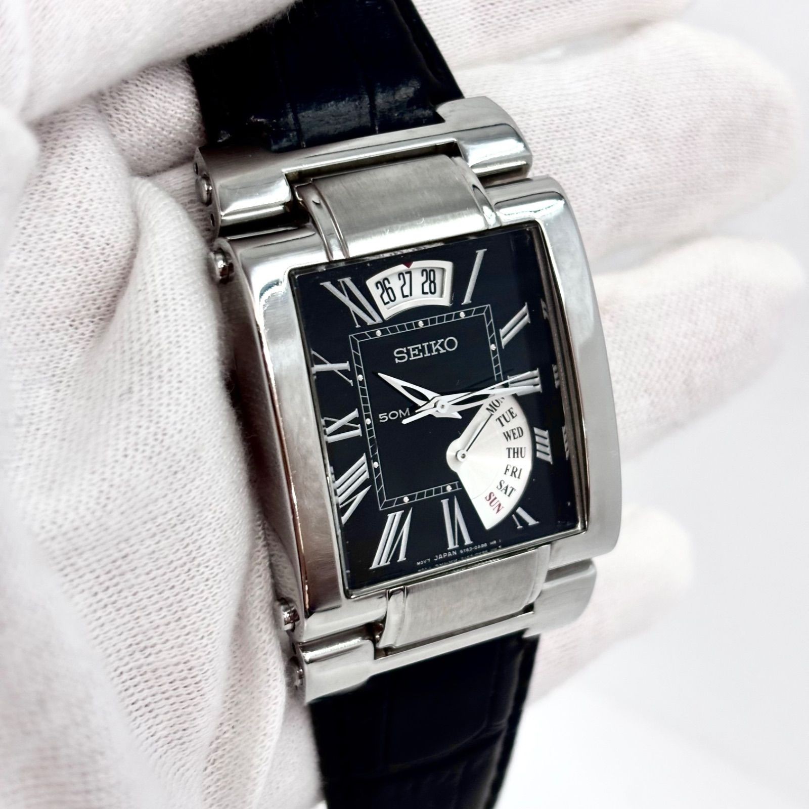 Working Belt SEIKO Quartz Rectangular Watch Roman Index Retrograde Hardlex Cryst