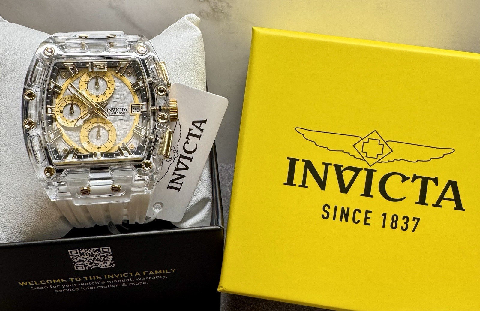 Invicta S1 Rally Allogrip 70147 42mm Clear/Gold Case White Strap Chronograph NIB