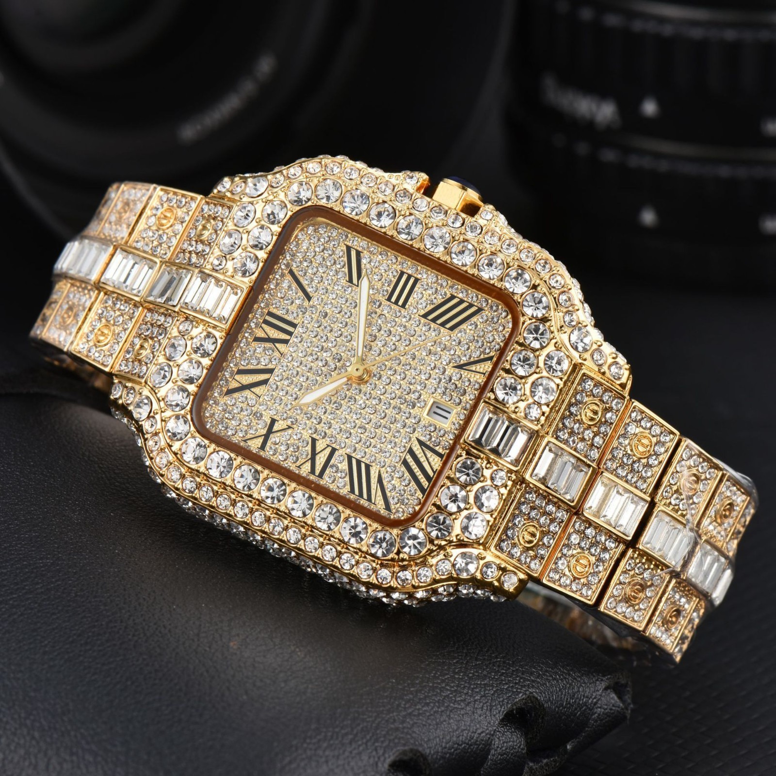 Hip Hop Luxury Ice out Mens Watch Iced King Bling Gold Square Cz Diamond Jewelry