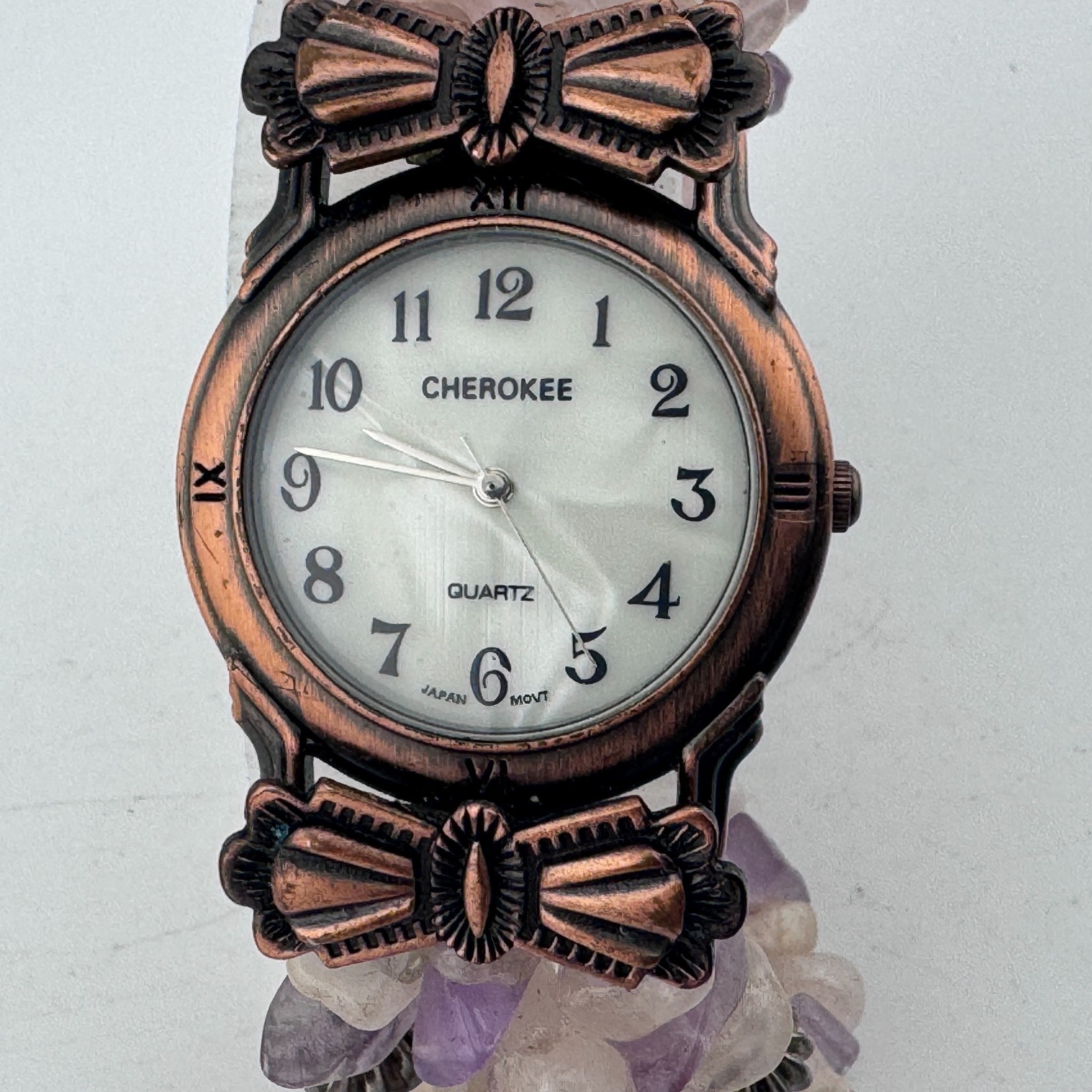 Cherokee Quartz Watch Women Bronze MOP Dial Stone Beaded Band New Battery 6.75″