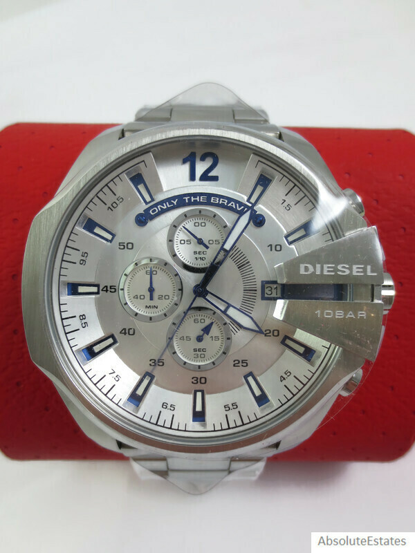 NEW Diesel Men’s Mega Chief Chronograph Silver & Blue Stainless Watch DZ4477 NWT