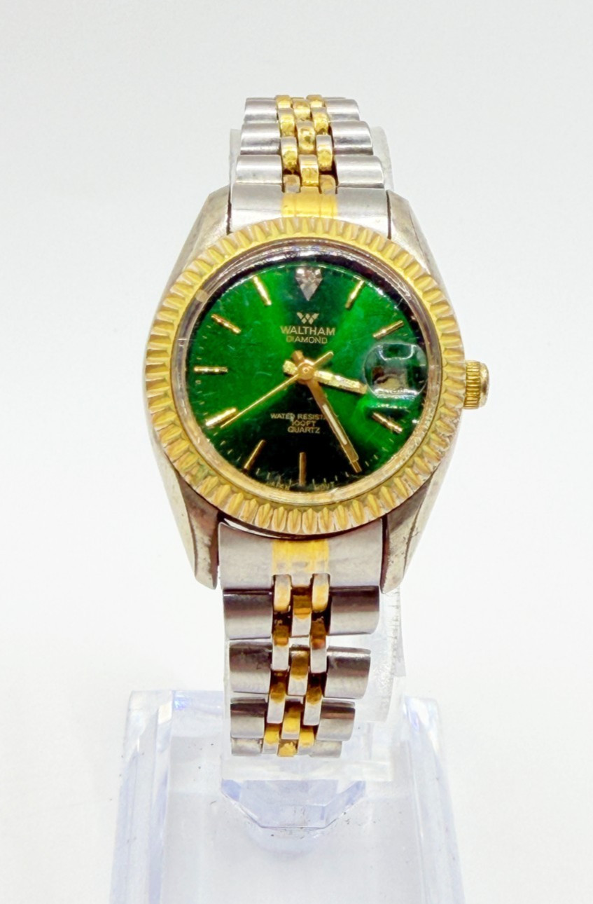 Vintage 1980s Waltham Diamond Green Dial Womens Watch Keeps Time/Date New Batter