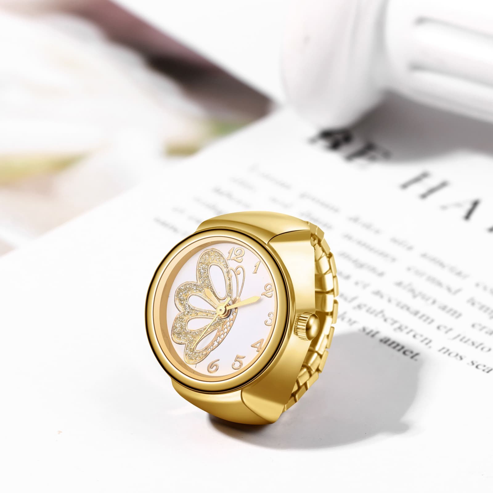 Women Patterned Dial Elastic Stainless Steel Band Ring Watch For Work Causal