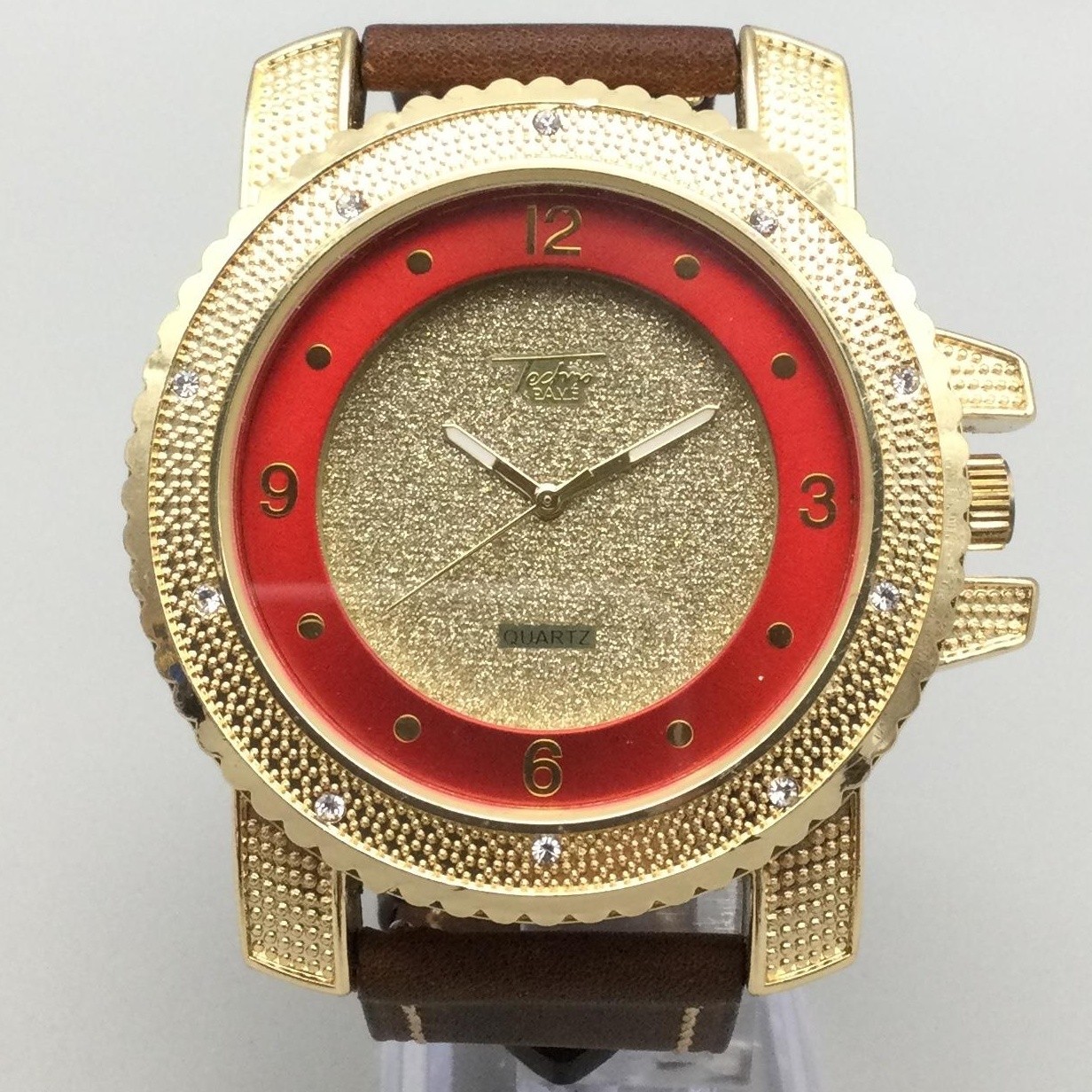 Techno Pave No. 7758 Mens Watch 56mm Gold Tone Red Dial Leather Band New Battery