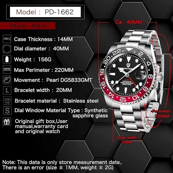🔥USA🔥Pagani Design PD-1662 Master GMT Black Red Bezel Automatic Watch Oyster