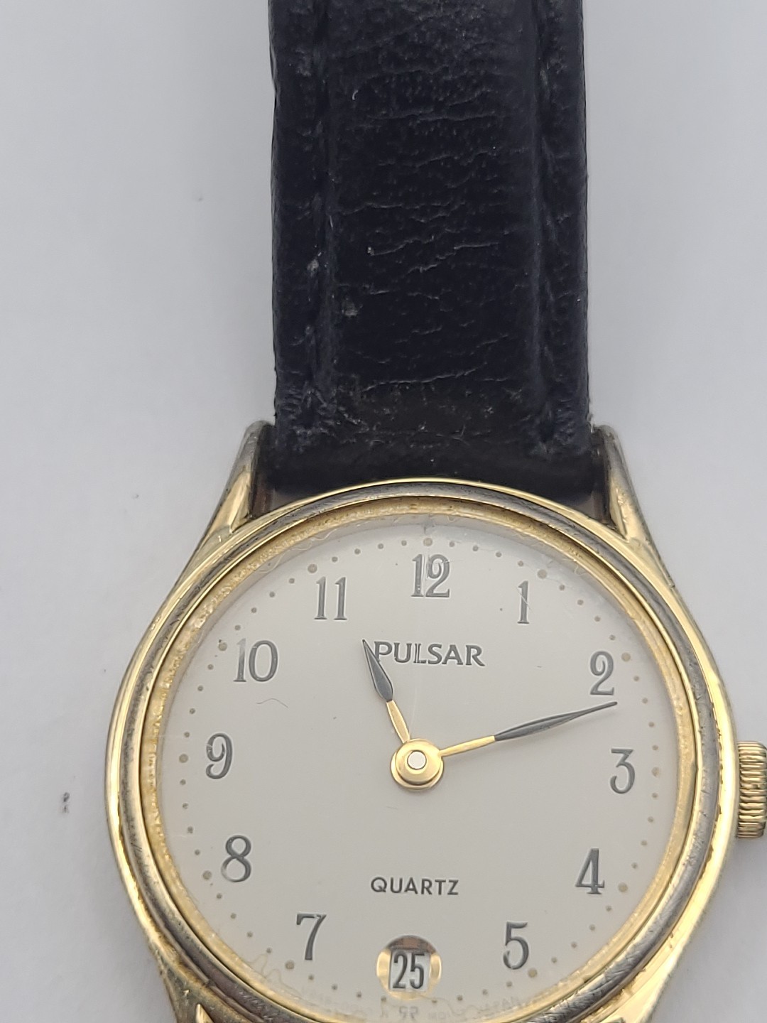 Vintage Pulsar Watch Women Gold Tone Date V248-0010 Leather Band New Battery