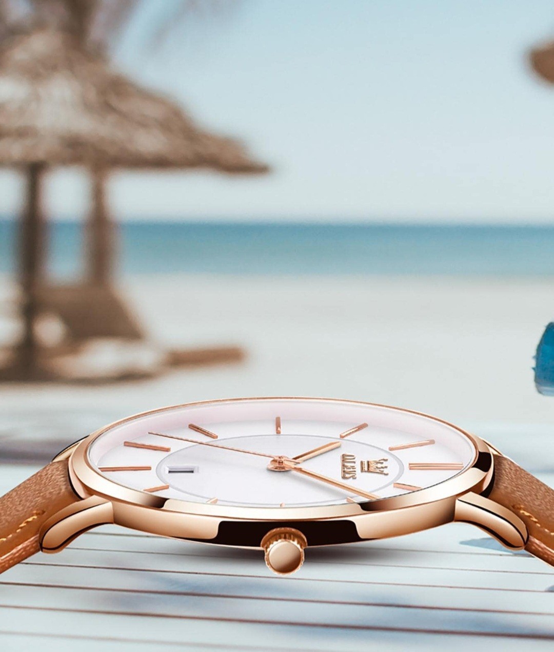 Olevs Quartz Mens Luxury Watch Ultra Thin 6.5mm Waterproof With Leather band