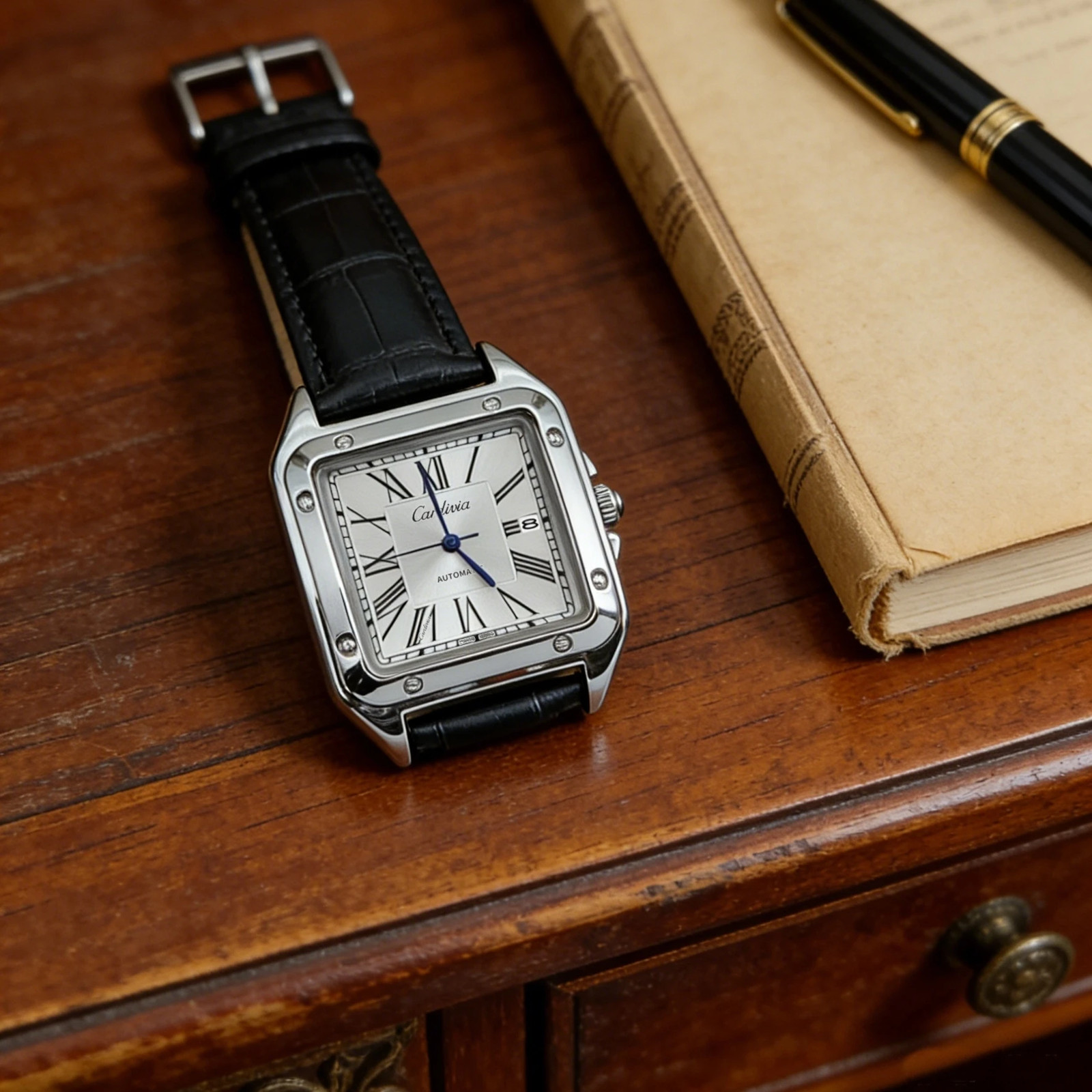 Men’s Square Quartz Watch Roman Numeral Leather Strap Date Waterproof Dress