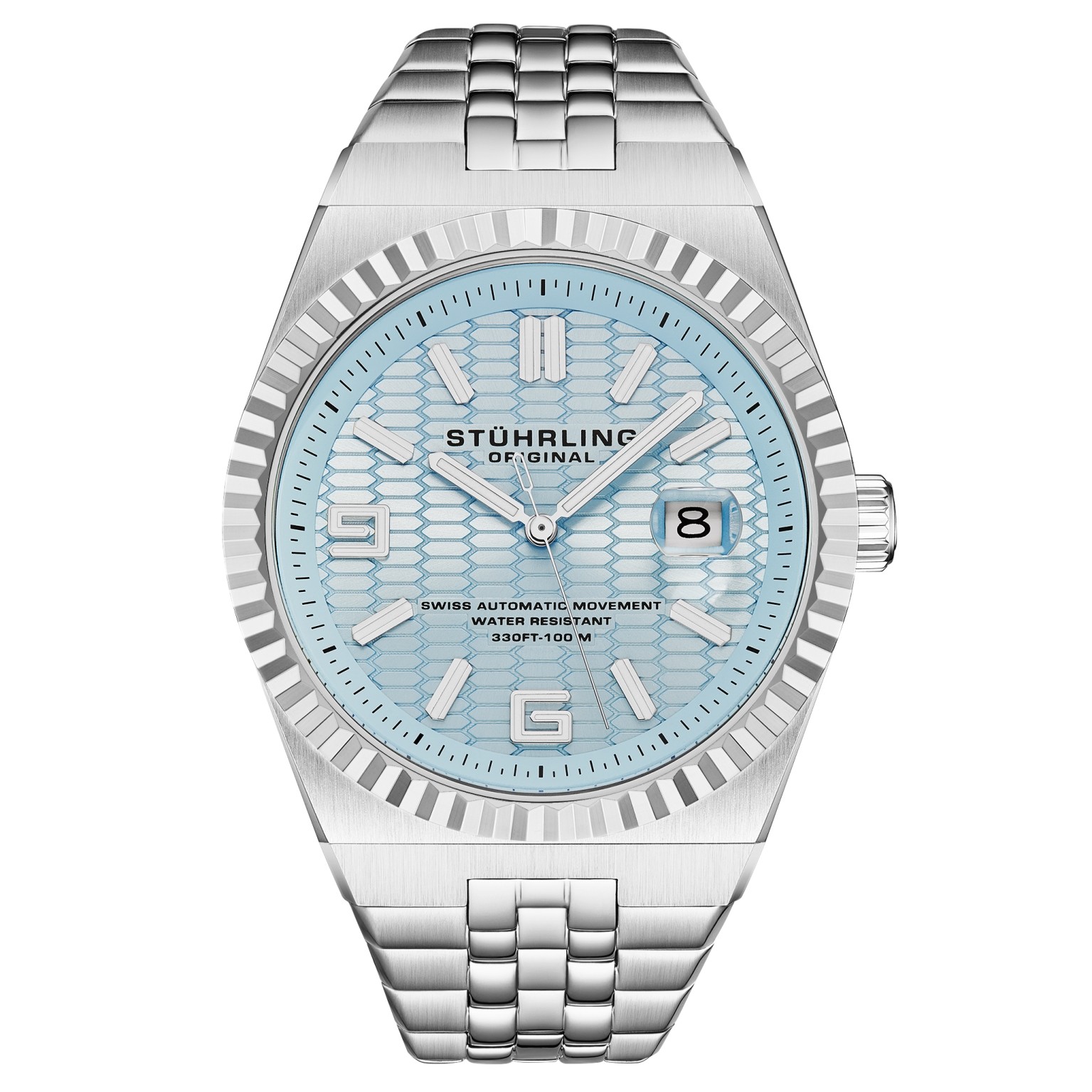 Stuhrling 1027 04 Sentinel Swiss Automatic Date Light Blue Dial Mens Watch