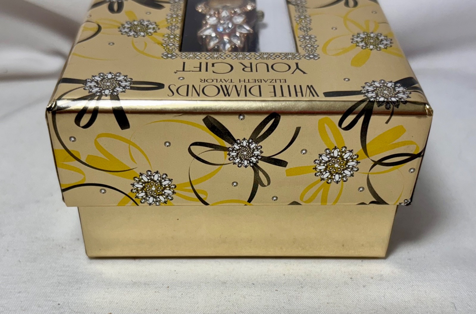 ELIZABETH TAYLOR WHITE DIAMONDS Floral Rhinestone Gold Tone Watch in Box