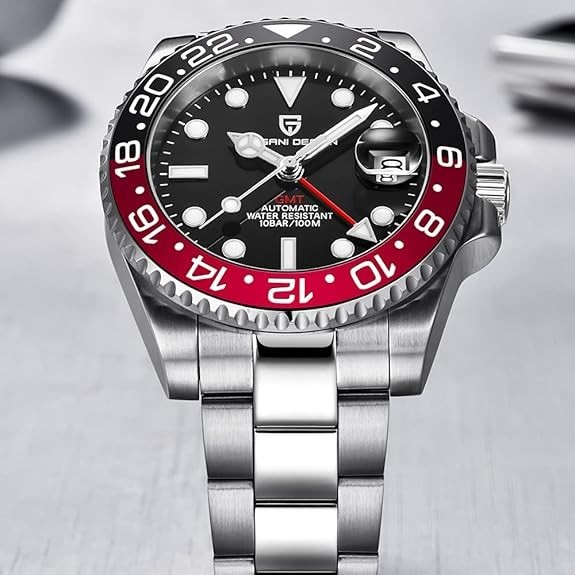 🔥USA🔥Pagani Design PD-1662 Master GMT Black Red Bezel Automatic Watch Oyster