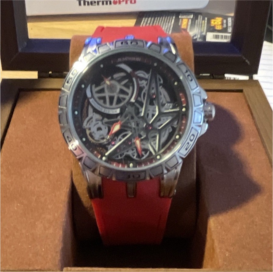 AUTO Skeleton Dial Analog Black/Silver Dial Red Two-Piece Strap w/ Box