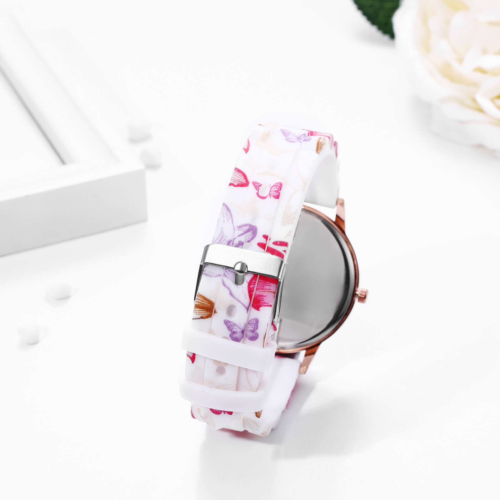 Women Girls Fancy Soft Flowers Printed Silicone Strap Quartz Dress Wrist Watches