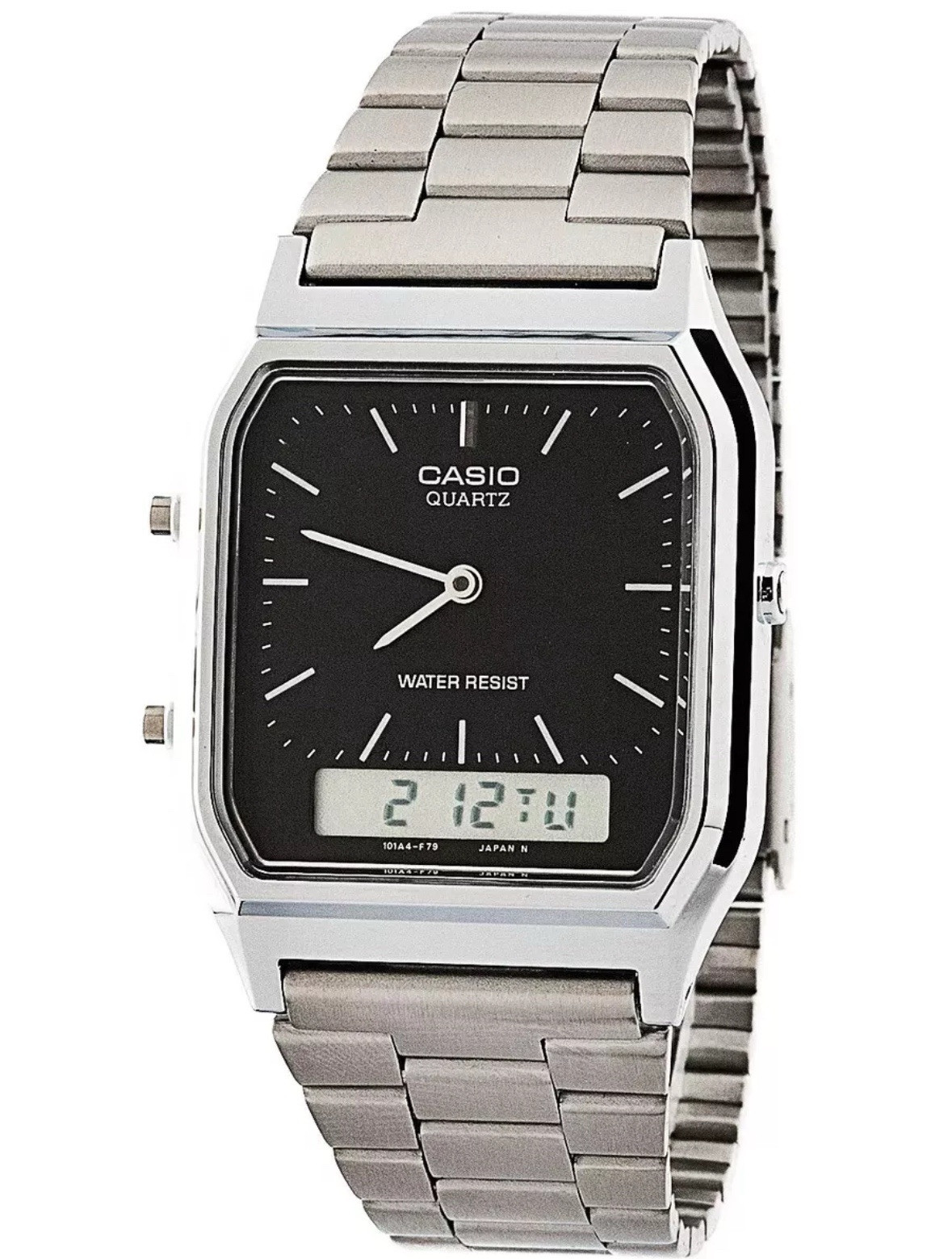 Casio AQ-230A Dual Time Silver Retro Stainless Steel Analog Digital Watch 38.8mm