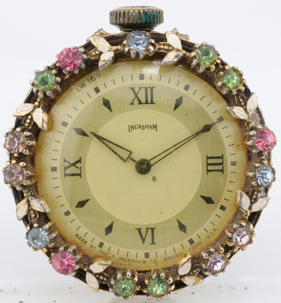 INGRAHAM LN 169, JEWELED BEZEL POCKET WATCH, 38.5mm, RUNS (JN)