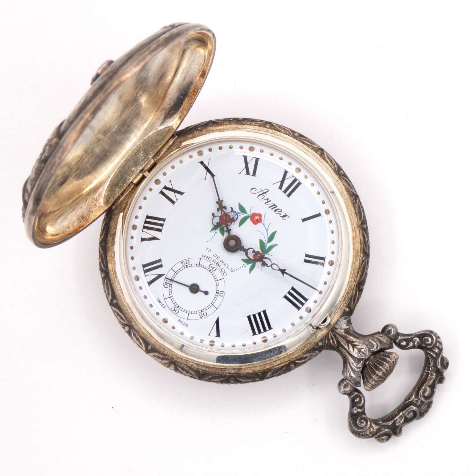 Vintage Arnex / Unitas 6498 Silvertone Antique Pocket Watch w/ Fisherman Motif