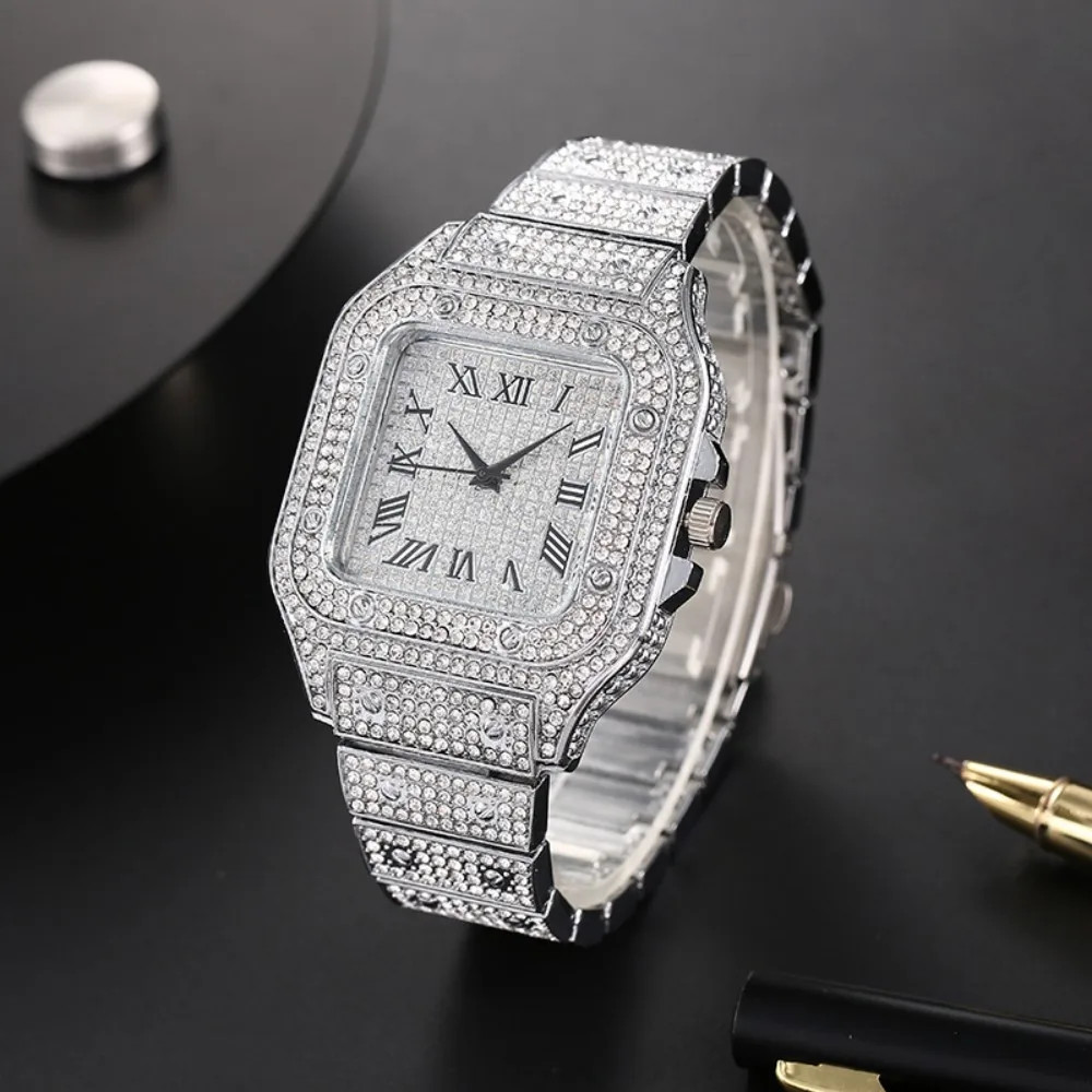 Classic Luxury Business Men’s Steel Strap Square Roman Scale Rhinestone