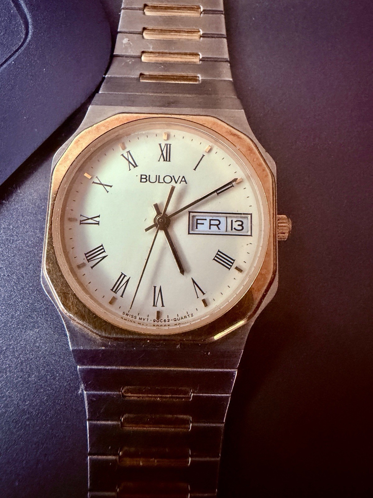 1984 Bulova Swiss Day-Date Men’s P4 Two -Tone Octagon New Battery Working 7.75