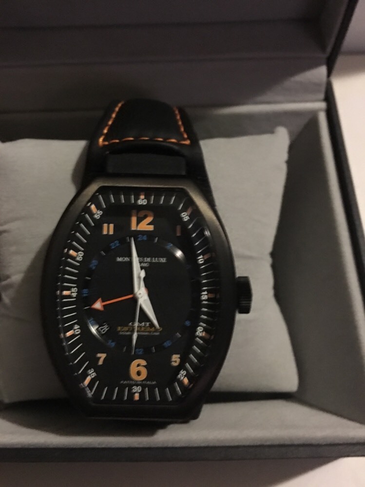 Montres De Luxe Mens GMT Estremo Black orange Tonneau Leather Watch NEW