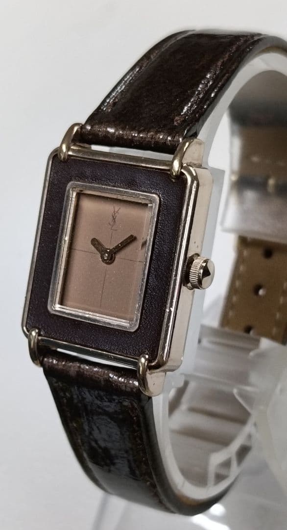 YSL Yves Saint Laurent Square Watch Gold Case Brown Dial Leather Band 14-16cm