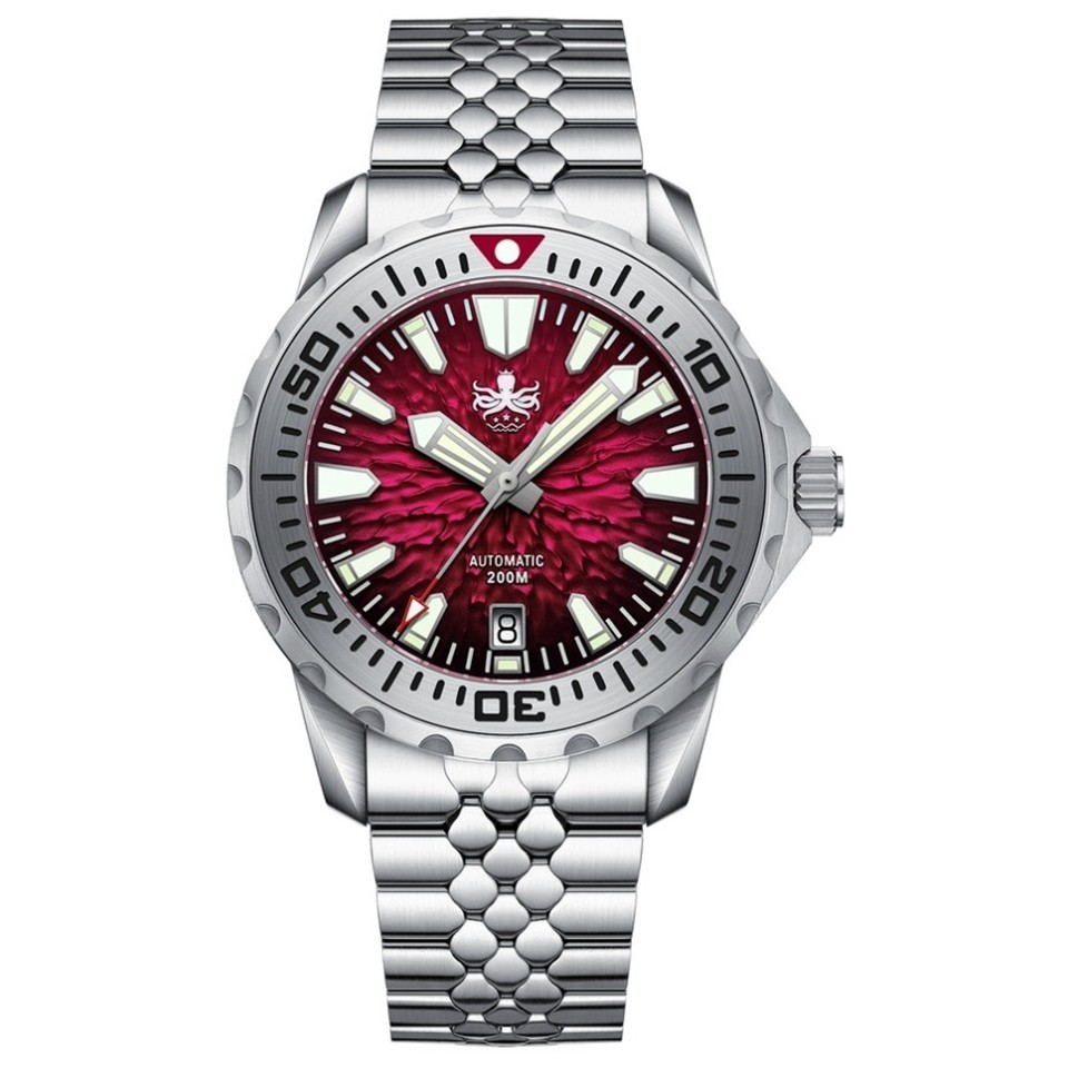 PHOIBOS KRAKEN PY059E Lava Red Automatic Steel Diver Watch 200m