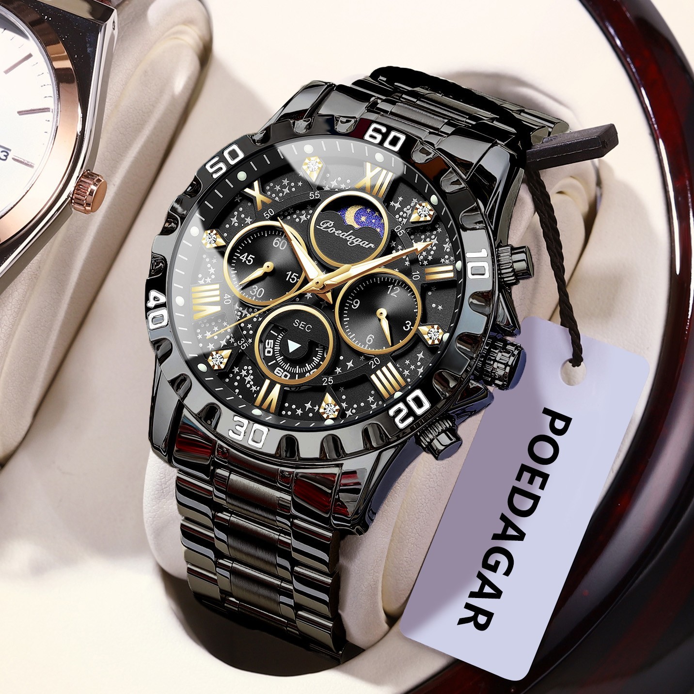 POEDAGAR Luxury Men’s Quartz Watch 3ATM Luminous Stainless-Steel Chronograph