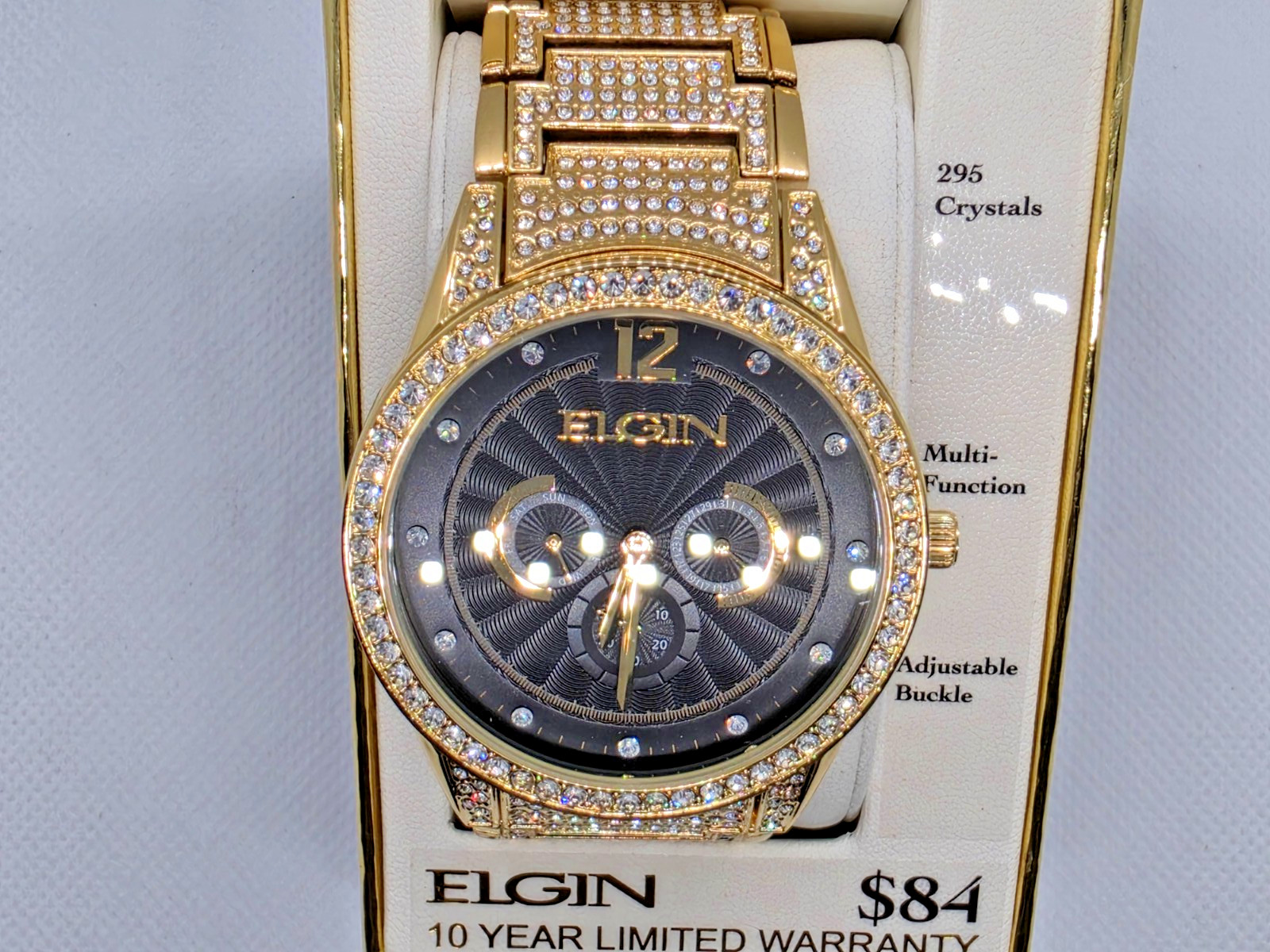 Elgin Men’s Gold Gem Paved Black Dial Watch VD75 NEW in Box
