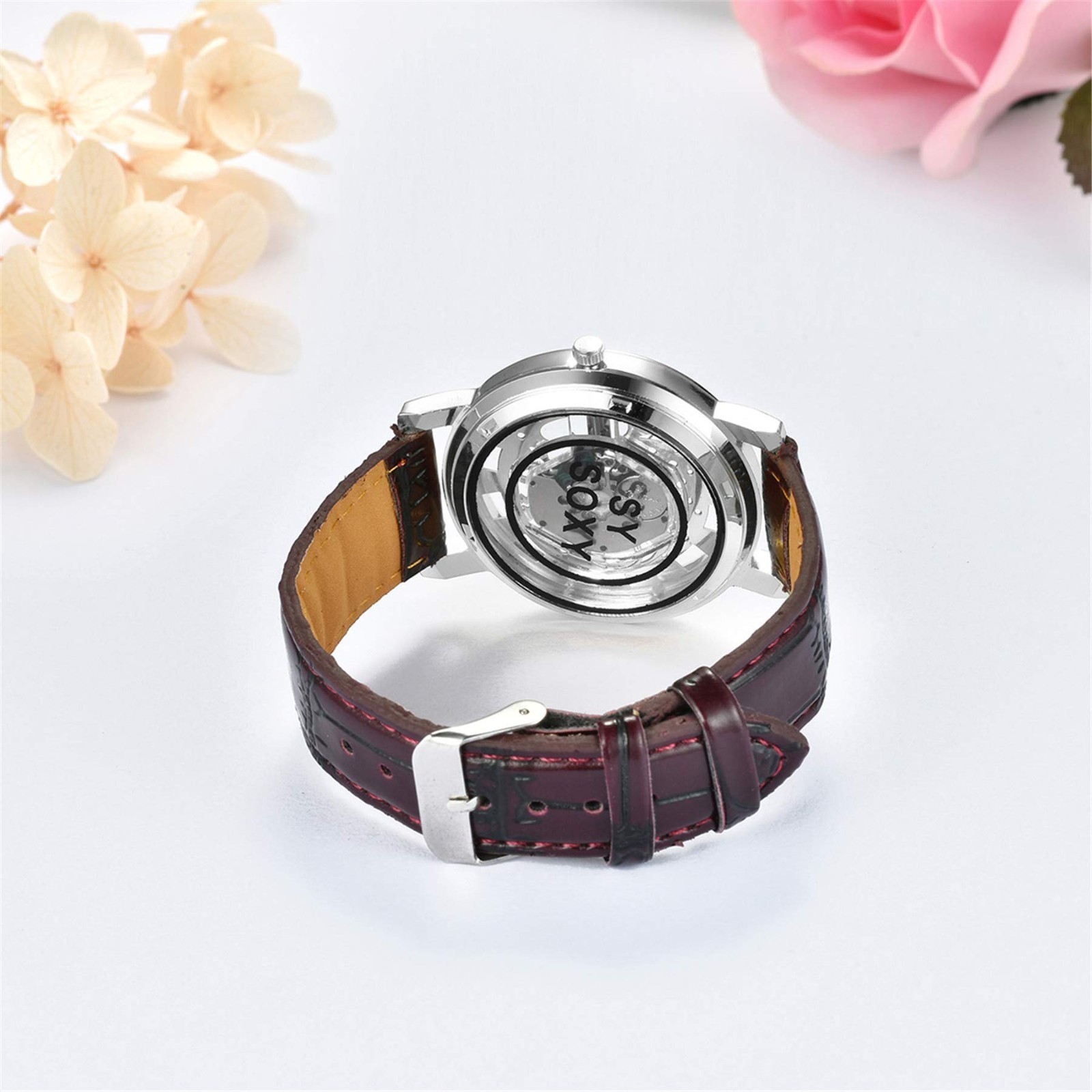 Men’s Skeleton Analog Quartz Watch – Black/Brown Leather Wristwatch for Dad’s Da