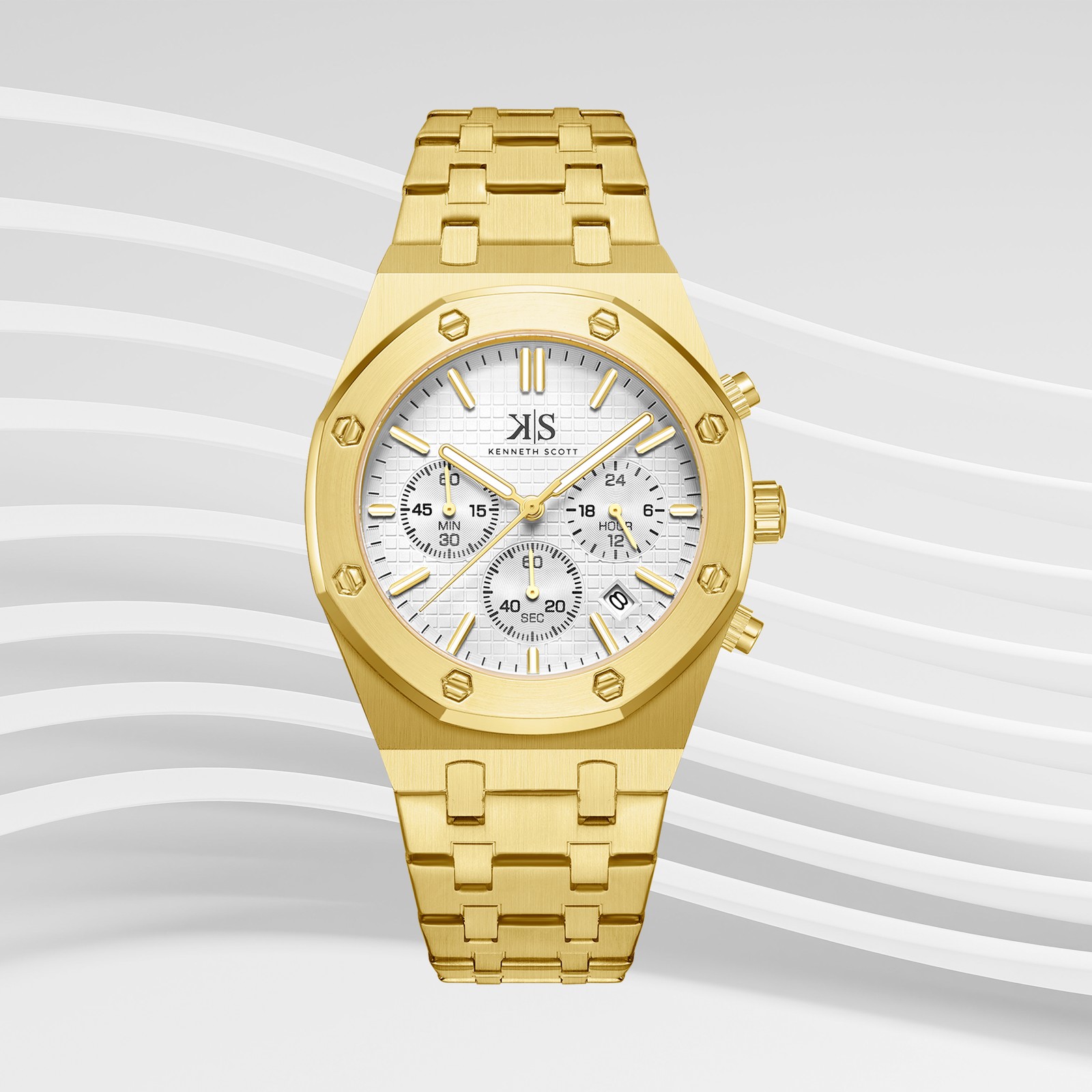 Kenneth Scott Men’s Multi Function Watch | White Dial, 42mm, 30 m (3 ATM)