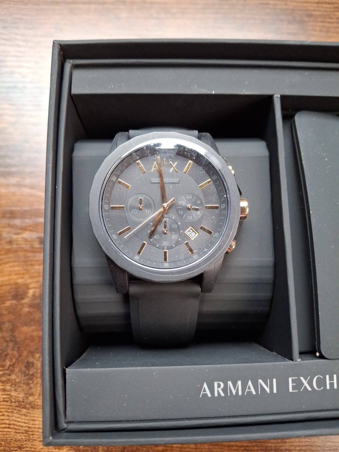 Armani Exchange Men’s Watch Outerbanks Chrono Silicone Black/Gold, AX7105, New