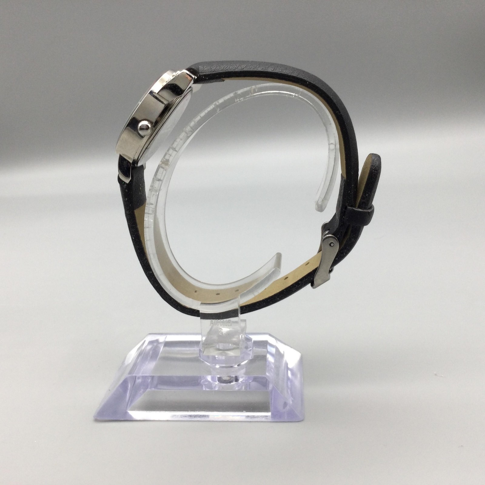 MSPCI Cat Face Watch Womens 26mm Silver Tone Black Strap Rhinestone New Battery