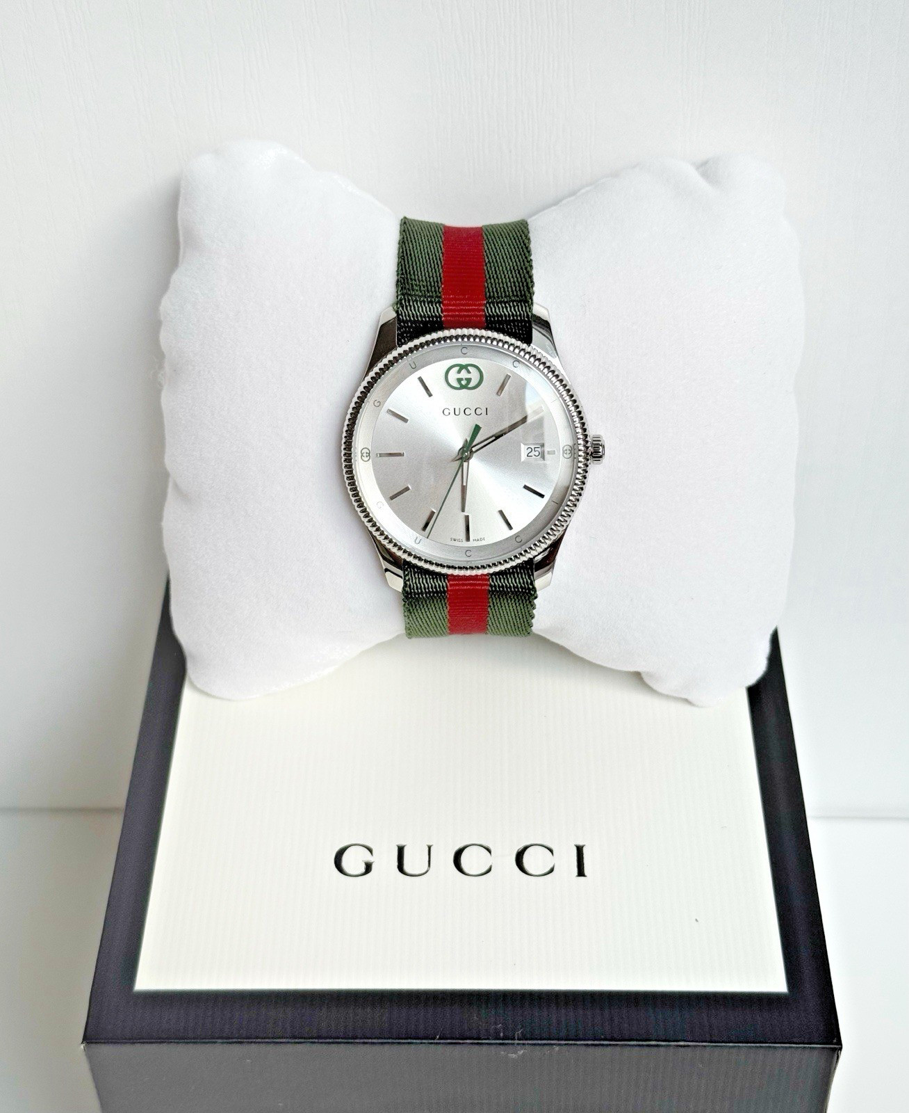 Gucci G-Timeless Silver Dial Green and Red Nylon Strap Watch 38mm YA1264236