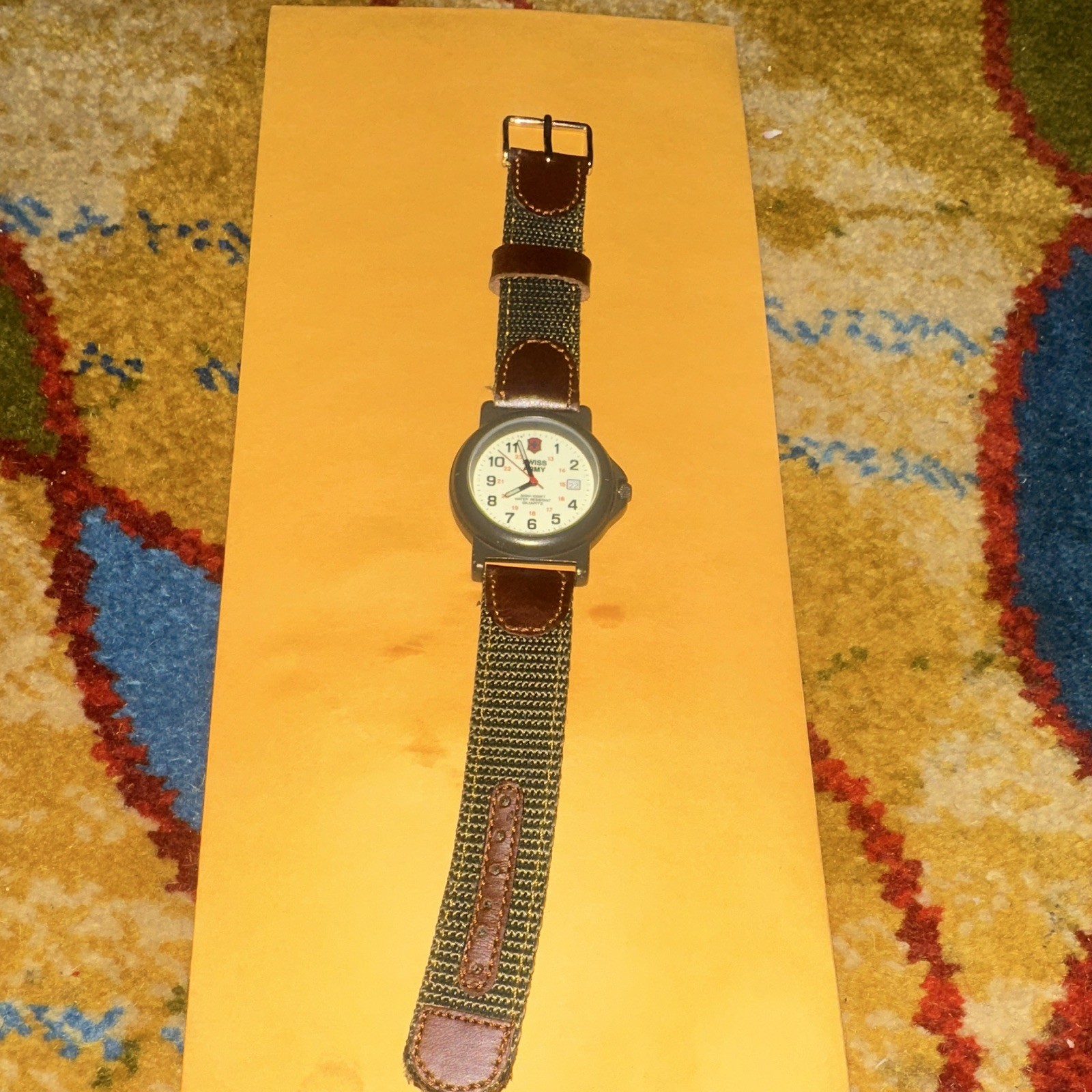 Swiss Army Quartz 300m White Dial Date Black Steel Case Green/Brown Strap