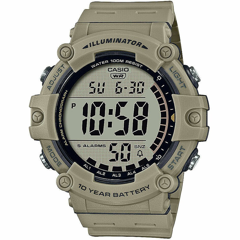 New Casio AE1500WH-5AV Round Dial Khaki Band Light Chrono Alarm WR Digital Watch